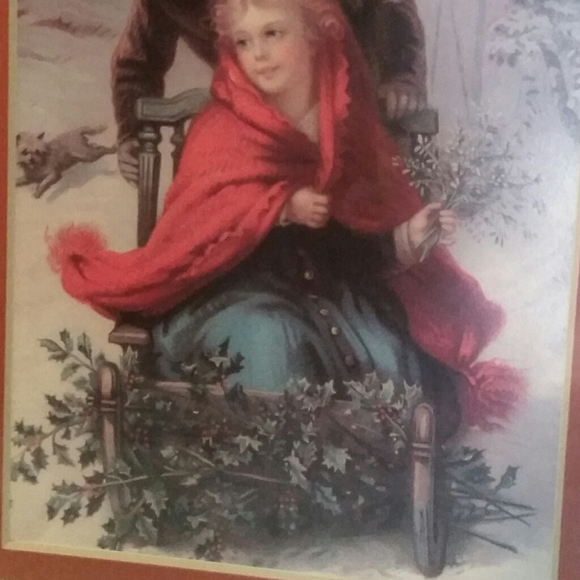 Girl & Boy on Sled Winter Scene Matted Print EVC - Picture 3 of 5